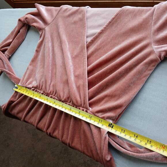 Divided Dusty Rose Velvet Dress size 4 long bell sleeves faux wrap waist tie - Picture 4 of 10